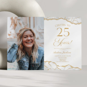 White Gold Agate Picture 25th Birthday Party Invitation
