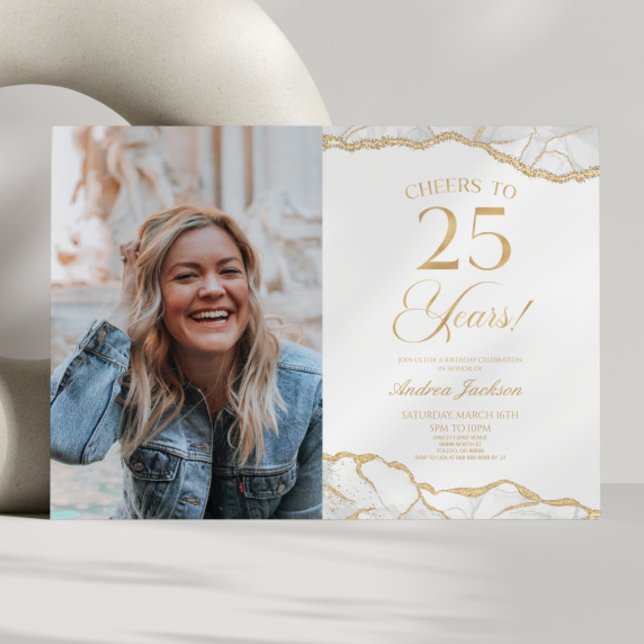 White Gold Agate Picture 25th Birthday Party Invitation (Creator Uploaded)