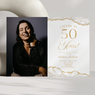 White Gold Agate Picture 50th Birthday Party Invitation