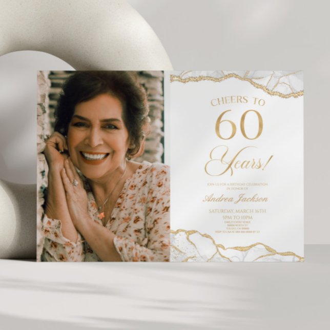 White Gold Agate Picture 60th Birthday Party Invitation (Creator Uploaded)