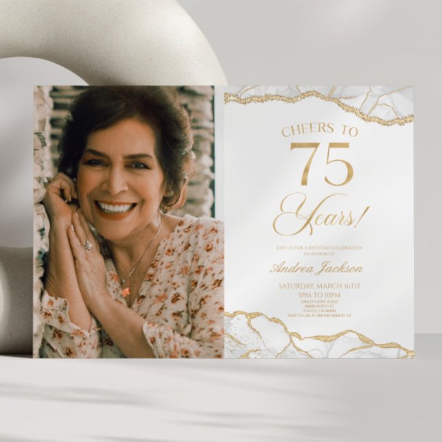 White Gold Agate Picture 75th Birthday Party Invitation (Creator Uploaded)