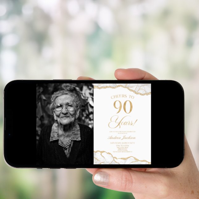 White Gold Agate Picture 90th Birthday Party Invitation (Front Digital)