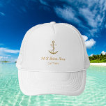 White gold anchor yacht boat name captain trucker hat<br><div class="desc">A white background.  Decorted with a faux gold vintage anchor. Personalize and add the boat name,  title/text.</div>