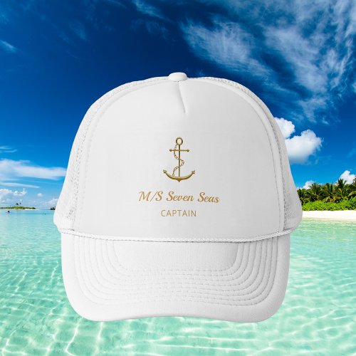White gold anchor yacht boat name captain trucker hat