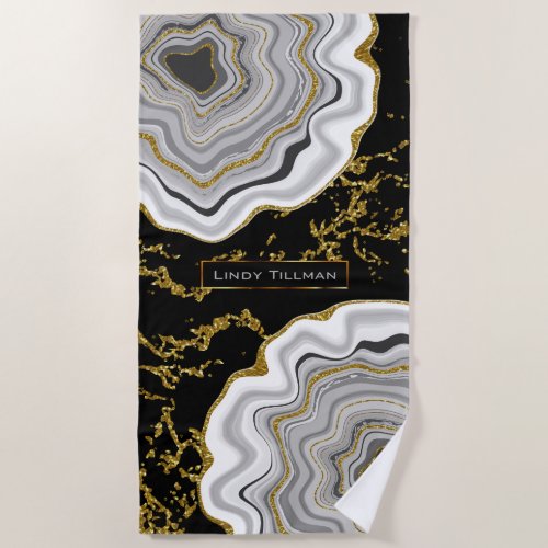 White Gold and Black Agate Geode Stone Design Beach Towel