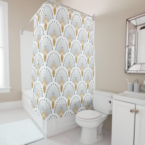 White Gold and Black Art Deco Fan Flower Motif Shower Curtain