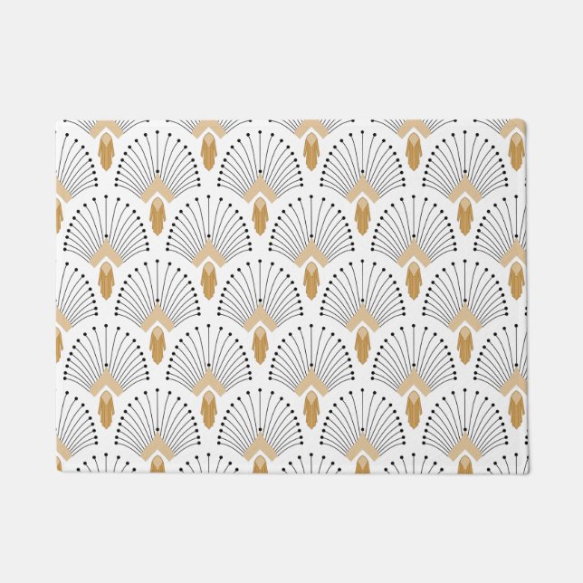 White, Gold and Black Art Deco Fan Flowers Motif  Doormat (Front)