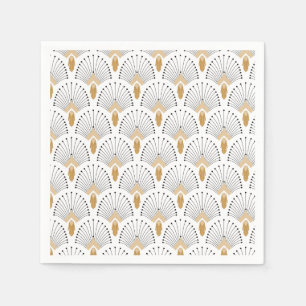 White, Gold and Black Art Deco Fan Flowers Motif Napkins