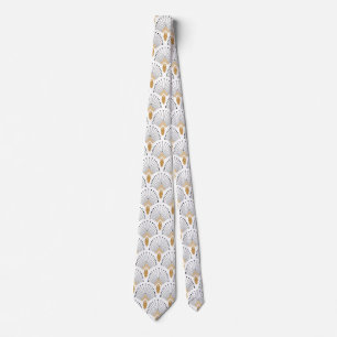 White, Gold and Black Art Deco Fan Flowers Motif Neck Tie