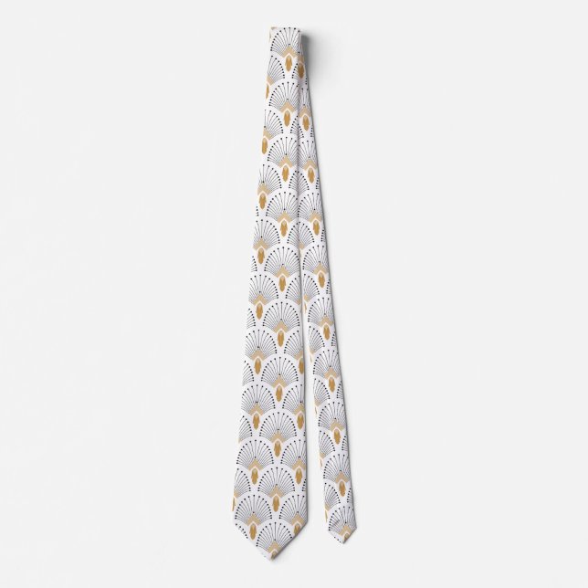 White, Gold and Black Art Deco Fan Flowers Motif Neck Tie (Front)