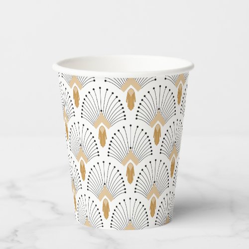 White Gold and Black Art Deco Fan Flowers Motif  Paper Cups