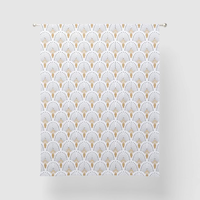 White, Gold and Black Art Deco Fan Flowers Motif Sheer Curtains (Front)