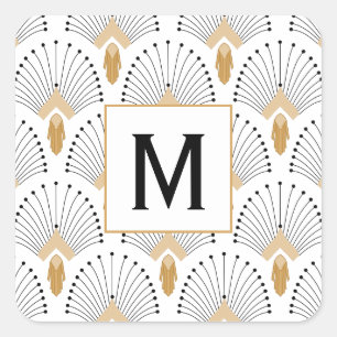 White, Gold and Black Art Deco Fan Flowers Motif Square Sticker