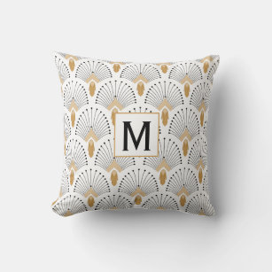White, Gold and Black Art Deco Fan Flowers Motif Throw Pillow