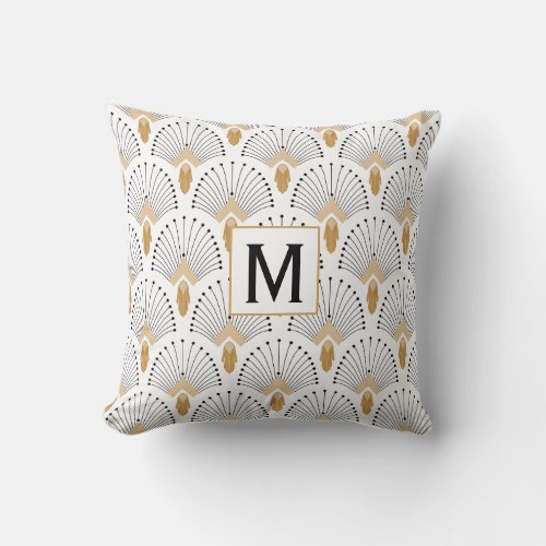 White Gold and Black Art Deco Fan Flowers Motif Throw Pillow