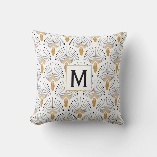 White, Gold and Black Art Deco Fan Flowers Motif Throw Pillow (Front)