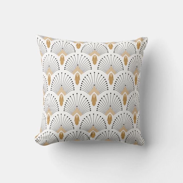 White, Gold and Black Art Deco Fan Flowers Motif Throw Pillow (Front)