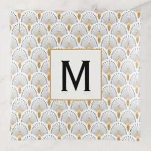 White, Gold and Black Art Deco Fan Flowers Motif Trinket Tray