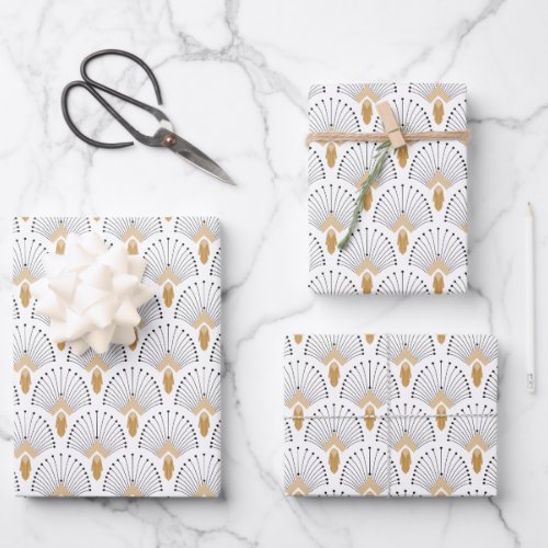 White Gold and Black Art Deco Fan Flowers Motif Wrapping Paper Sheets