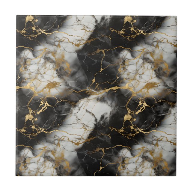 White, Gold and Black Luxury Marble Elegant Ceramic Tile (Front)