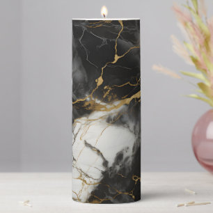 White, Gold and Black Luxury Marble Elegant Pillar Candle