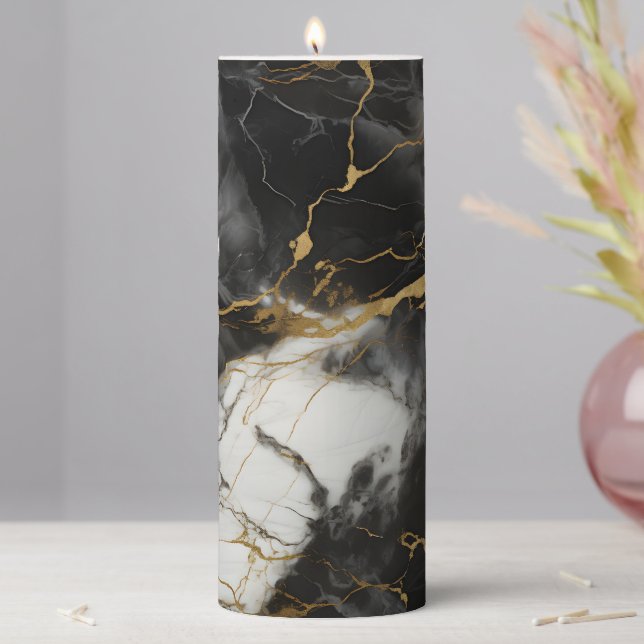 White, Gold and Black Luxury Marble Elegant Pillar Candle (In Situ)