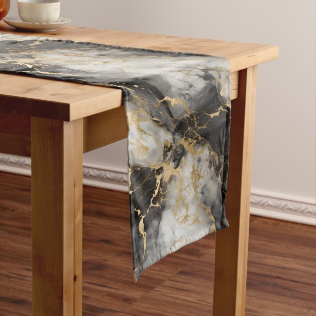 White, Gold and Black Luxury Marble Elegant Short Table Runner (In Situ)