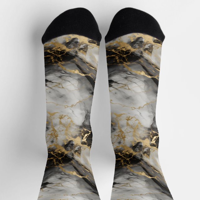 White, Gold and Black Luxury Marble Elegant Socks (Top)
