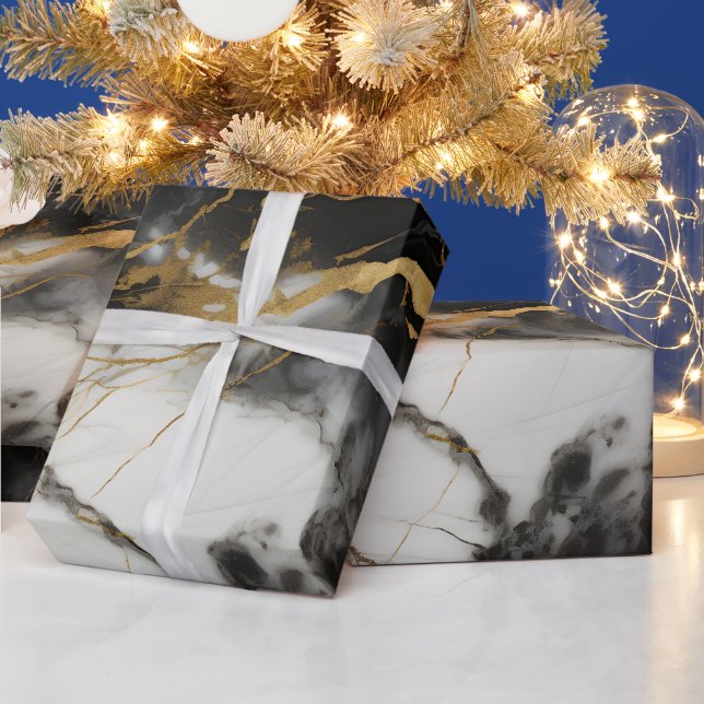 White, Gold and Black Luxury Marble Elegant Wrapping Paper (Holidays)