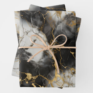 White, Gold and Black Luxury Marble Elegant Wrapping Paper Sheets
