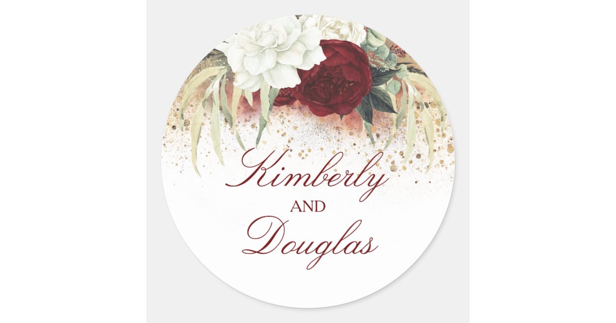 White Gold and Burgundy Red Floral Wedding Classic Round Sticker | Zazzle
