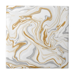 White, Gold and Gray Marble Like Swirls Fluid Art  Ceramic Tile