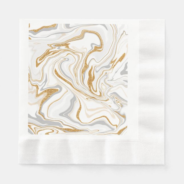 White, Gold and Gray Marble Like Swirls Fluid Art  Napkins (Front)