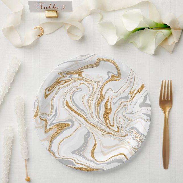 White, Gold and Gray Marble Like Swirls Fluid Art Paper Plates (Wedding)