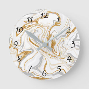 White, Gold and Gray Marble Like Swirls Fluid Art Round Clock