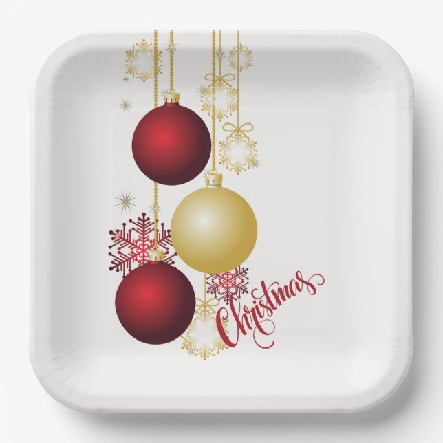 White, Gold and Red Christmas Party Paper Plates (Front)