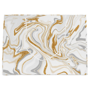 White, Gold and Silver Marble Swirls Fluid Art  Large Gift Bag