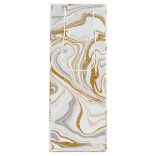 White, Gold and Silver Marble Swirls Fluid Art   Wine Gift Bag