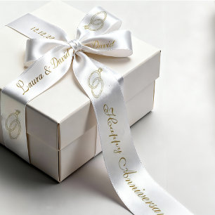 White Gold Anniversary Personalized Name Date Satin Ribbon