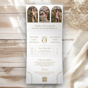 White Gold Arch Photo QR code Wedding Tri-Fold Invitation