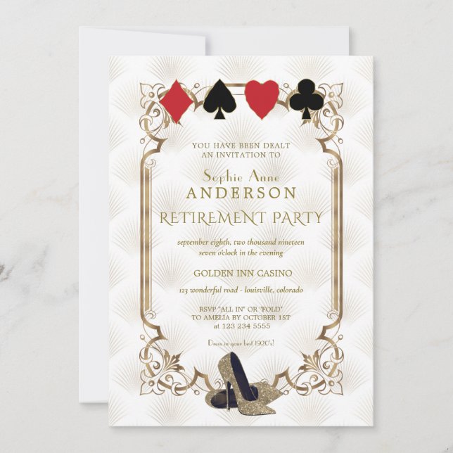 White Gold Art Deco Casino Vegas Poker Retirement Invitation (Front)