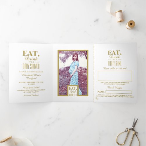 White  Gold Art Deco Eat Drink Baby Shower Suite Tri_Fold Invitation