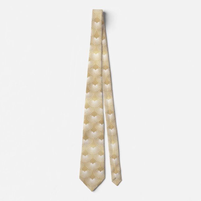 White & Gold Art-deco Geometric Pattern Neck Tie (Front)