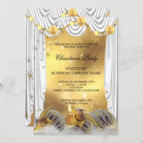 White Gold Baubles Silk Christmas Holiday Party Invitation