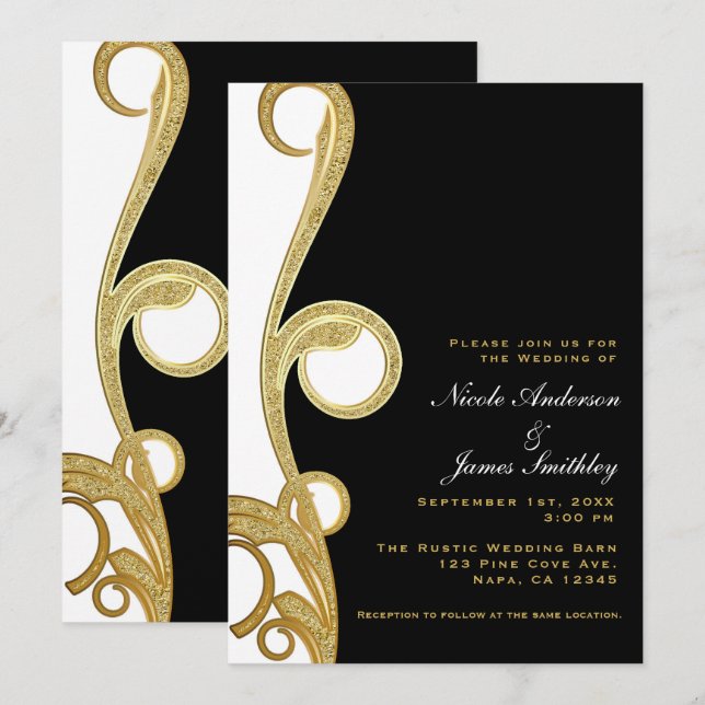 White Gold Black Chic Elegant Swirl Wedding Invitation (Front/Back)