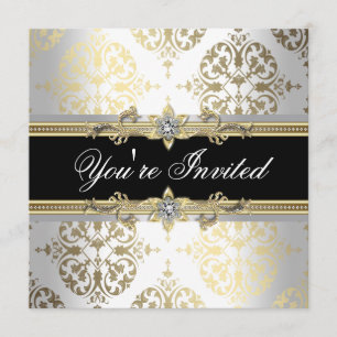 White Gold Black Damask Party Invitations