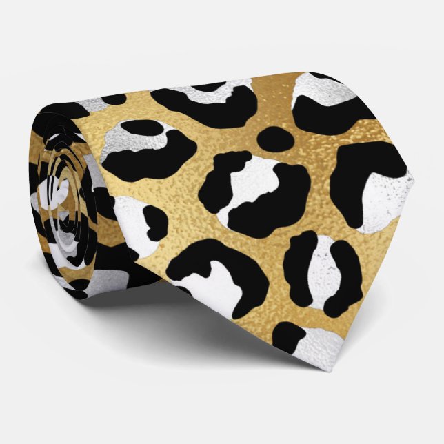 White gold black leopard print animal skin chic neck tie (Rolled)