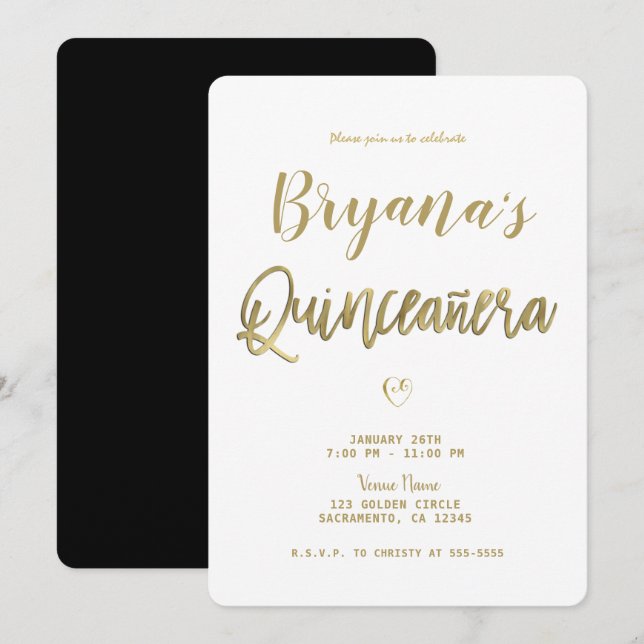 White Gold & Black Modern Minimal 15 Quinceañera  Invitation (Front/Back)