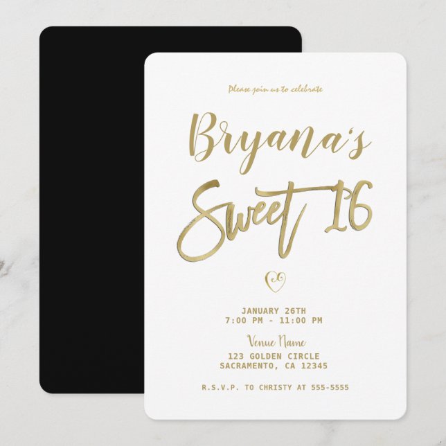 White Gold & Black Modern Minimal Chic Sweet 16   Invitation (Front/Back)