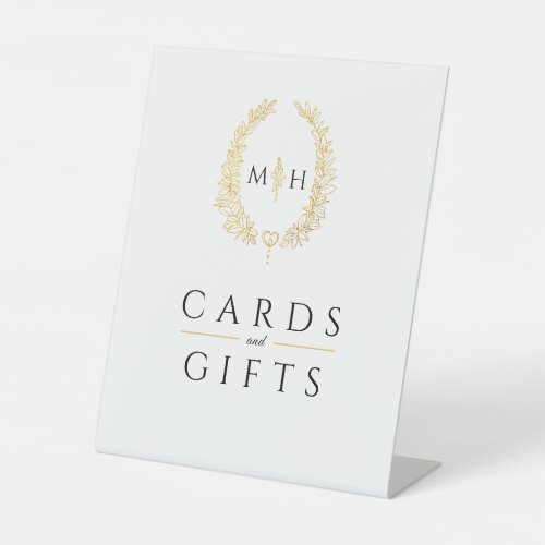 White gold black monogram wedding cards and gifts pedestal sign